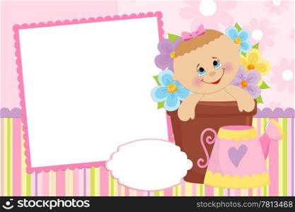 Blank template for baby&rsquo;s greetings card or photo frame in pink colors