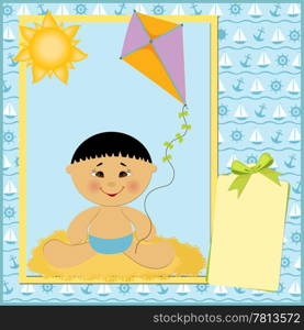 Blank template for baby&rsquo;s greetings card or postcard with kite