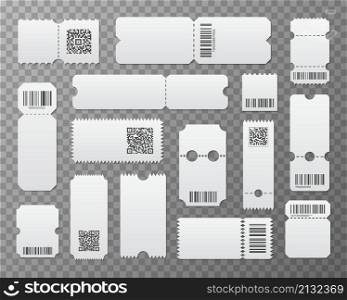 Blank ticket template. Event tickets, airplane boarding pass. Cinema movie theater cards, lottery coupon. Concert, festival or circus paper empty flyers, exact vector set image. Blank ticket template. Event tickets, airplane boarding pass. Cinema movie theater cards, lottery coupon. Concert, festival or circus paper empty flyers, exact vector set