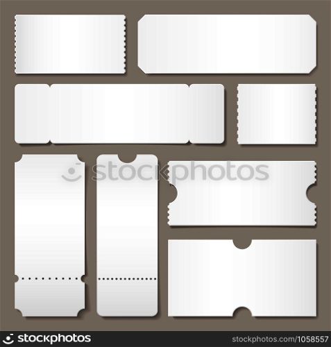 Blank ticket template. Festival concert tickets, white paper coupon card layout and cinema admit one sheet. Event, theater or lottery tickets isolated vector symbols mockup. Blank ticket template. Festival concert tickets, white paper coupon card layout and cinema admit one sheet isolated vector mockup