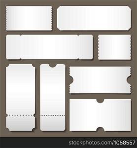 Blank ticket template. Festival concert tickets, white paper coupon card layout and cinema admit one sheet. Event, theater or lottery tickets isolated vector symbols mockup. Blank ticket template. Festival concert tickets, white paper coupon card layout and cinema admit one sheet isolated vector mockup