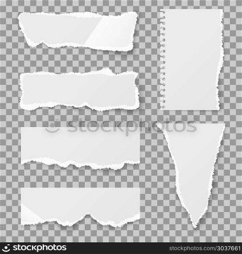 Blank torn paper with bends and tears. Vector set. Blank torn paper with bends and tears. Ripped sheet paper and reminder lacerated paper blank. Vector illustration set