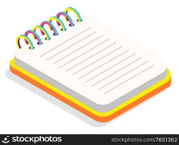 Blank vertical spiral notebook with yellow and orange cover isolated on white background. Opened notepad with clean sheets. Office supplies and colorful stationery isometric style vector illustration. Colorful Blank Spiral Notebook Isometric Vector