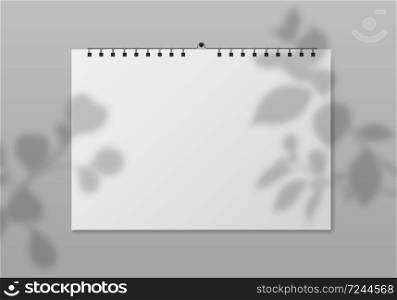 Blank wall calendar. Empty square planner front view with white paper pages and plant shadow. Date event, month diary, calendar template. vector mockup. Blank wall calendar. Empty planner front view with white paper pages and plant shadow. Date event, month diary, calendar vector mockup