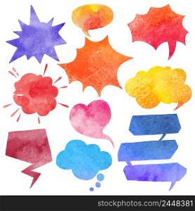 Blank watercolor comics speech bubble colorful set isolated vector illustration. Watercolor Comics Bubble Set