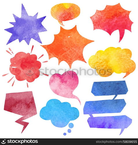 Blank watercolor comics speech bubble colorful set isolated vector illustration. Watercolor Comics Bubble Set