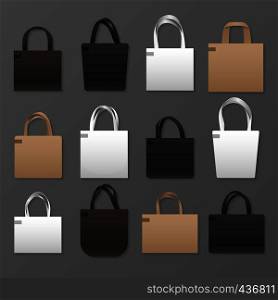 Blank white, black and brown canvas shopping bag templates. Vector handbags mockup. Eco fabric cotton template bag with handle illustration. Blank white, black and brown canvas shopping bag templates. Vector handbags mockup