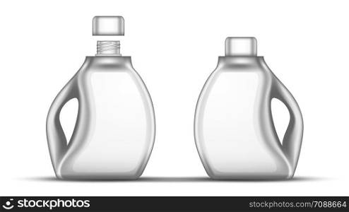 Blank White Bleach Plastic Bottle With Cap Vector. Closed And Opened Bottle For Clear Wash Whiten Chemical Liquid Laundry Clothes. Container For Bleaching Fluid Realistic 3d Illustration. Blank White Bleach Plastic Bottle With Cap Vector