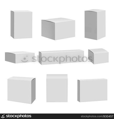 Blank white box. Packages container quadrate boxes detailed realistic vector mockup. Package mockup, box and container illustration. Blank white box. Packages container quadrate boxes detailed realistic vector mockup