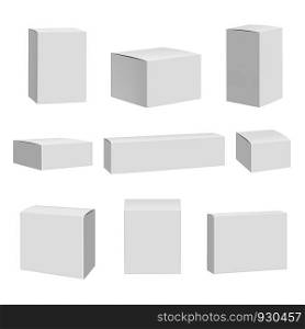 Blank white box. Packages container quadrate boxes detailed realistic vector mockup. Package mockup, box and container illustration. Blank white box. Packages container quadrate boxes detailed realistic vector mockup
