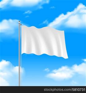 Blank white flag waving on blue sky background vector illustration. Flag On The Blue Sky