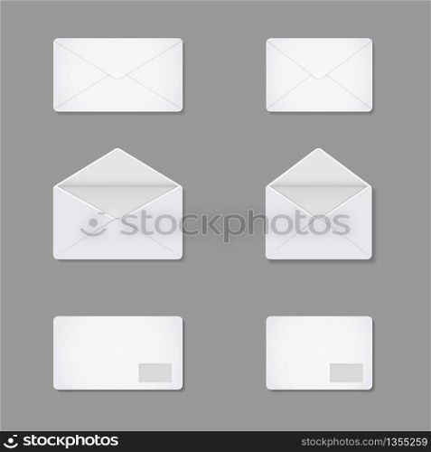 Blank white letters. White paper open and close envelopes isolated on background. Postcard template. Mail card mockup for office and corporate. Realistic postal document with address. Vector.. Blank white letters. White paper open and close envelopes isolated on background. Postcard template. Mail card mockup for office and corporate. Realistic postal document with address. Vector