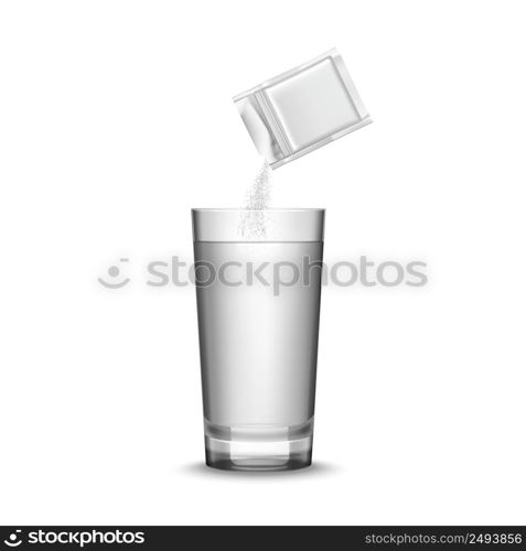Blank white medicine packaging and glass of water realistic vector illustration . Medicine And Glass Illustration