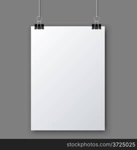 Blank white page hanging against grey background vector template.