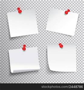 Blank white paper set pinned with red pushpins on transparent background realistic isolated vector illustration. Pinned Paper Set