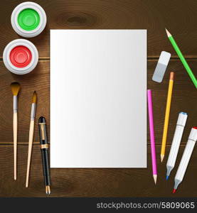 Blank white paper sheet and painter instruments on wooden background mockup vector illustration. Painter Mockup Illustration