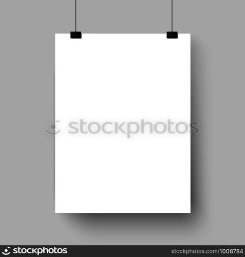 Blank white poster template. Affiche, paper sheet hanging on wall. Vector advertising banner mockup stand exhibit, empty picture billboard page for printing. Blank white poster template. Affiche, paper sheet hanging on wall. Vector mockup