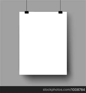 Blank white poster template. Affiche, paper sheet hanging on wall. Vector advertising banner mockup stand exhibit, empty picture billboard page for printing. Blank white poster template. Affiche, paper sheet hanging on wall. Vector mockup
