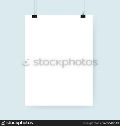 Blank white poster with binder clips. Vector illustration.. Poster binder clip