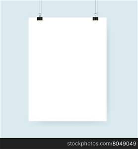 Blank white poster with binder clips. Vector illustration.. Poster binder clip