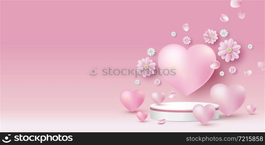 Blank white product podium and hearts with flowers on pink background 3D vector illustration