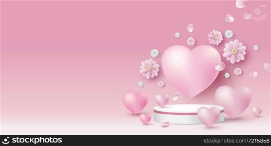 Blank white product podium and hearts with flowers on pink background 3D vector illustration