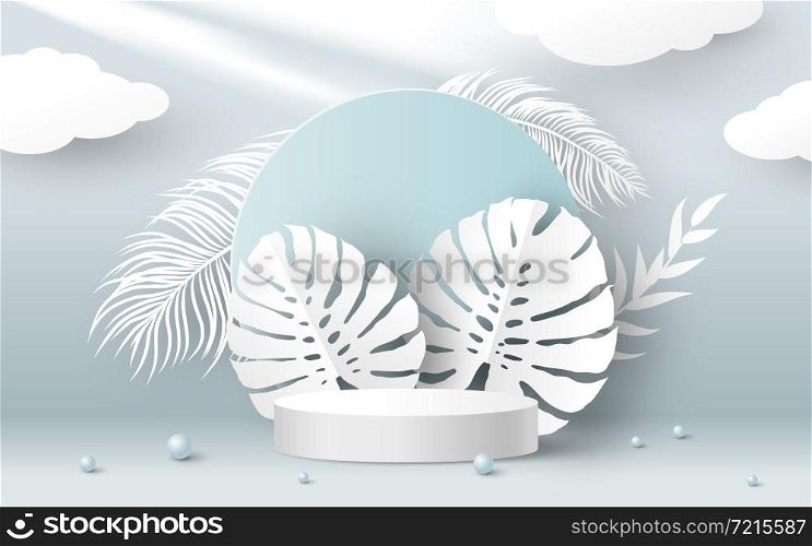 Blank white product podium and paper tropical monstera leaves on blue background 3D vector illustration