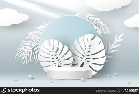 Blank white product podium and paper tropical monstera leaves on blue background 3D vector illustration