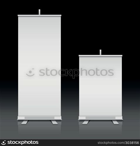 Blank white roll up standing vector banners set. Blank white roll up standing vector banners set. Presentation board for exhibition or promotion illustration
