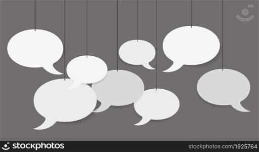 Blank white speech bubbles hanging from a cord. 3D vector illustration on grey background.. White paper cut speech bubbles hanging on strings. 3D vector illustration