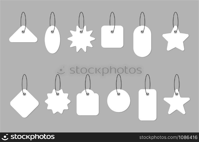 Blank white Tag price collection. Sale Tags or Labels on gray background. Paper blank discount labels and price tags different shapes in modern simple flat design. Vintage. Vector illustration