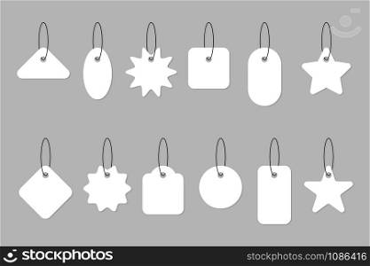 Blank white Tag price collection. Sale Tags or Labels on gray background. Paper blank discount labels and price tags different shapes in modern simple flat design. Vintage. Vector illustration