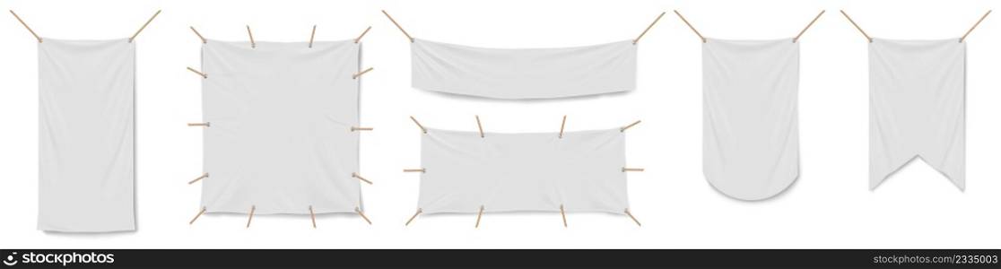 Blank white vinyl banners, flags and pennants template. Mockup of empty fabric advertising posters. Vector realistic set of horizontal and vertical canvas streamers and pennons hanging with ropes. Blank white vinyl banners, flags and pennants