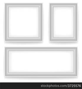 Blank white wall picture frames isolated on white background. 3 variants: square, vertical, horizontal.
