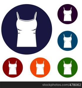 Blank women tank top icons set in flat circle red, blue and green color for web. Blank women tank top icons set