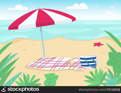 Blanket and sun umbrella on sand beach flat color vector illustration. Towel, bag and sunscreen bottle items for sunbathing. Summer vacation. Seacoast 2D cartoon landscape with water on background
