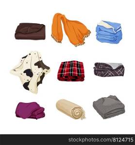 blanket bed, fabric plaid, picnic cloth, baby towel cartoon icons set vector illustrations. blanket bed cartoon icons set vector