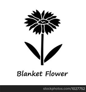 Blanket flower glyph icon. Gaillardia aristata garden plant with name inscription. Arizona apricot inflorescence. Blooming wildflower. Silhouette symbol. Negative space. Vector isolated illustration