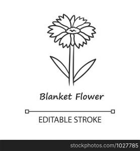 Blanket flower linear icon. Gaillardia aristata garden plant with name. Blooming wildflower. Summer and spring blossom. Thin line illustration. Contour symbol. Vector isolated drawing. Editable stroke