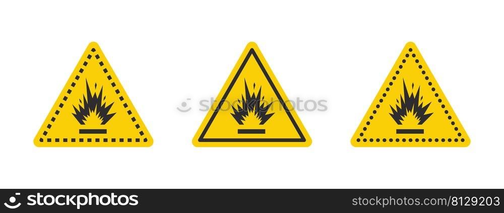 Blasting area caution warning sign. Warning sign explosives liquids or materials. Explosives substances icons set. Vector icons