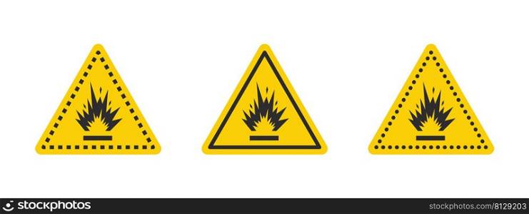 Blasting area caution warning sign. Warning sign explosives liquids or materials. Explosives substances icons set. Vector icons