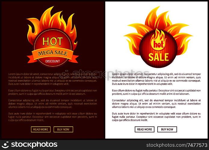 Blazed signs with flame, informative banners with promo offers vector illustrations. Mega sale burning labels with info about discounts, web posters set.. Blazed Signs with Flame Informative Web banner Set
