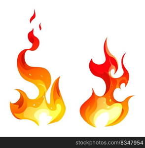 Blazing flames and fire, ignition and explosion icons isolated. Flare or wildfire, warning and dangerous casualty. Heat and high temperatures, risk and sparkling effects. Vector in flat style. Fire and flames, explosion or blazing icon vector