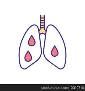 Bleeding into lungs RGB color icon. Coughing up blood. Pulmonary haemorrhage. Problems in blood vessels. Medical condition. Bronchitis, fibrosis, cancer. Isolated vector illustration. Bleeding into lungs RGB color icon