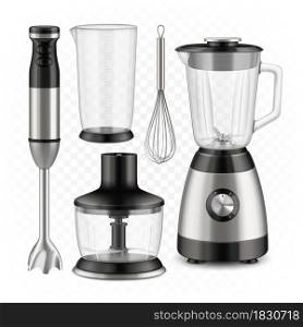 Blender, Food Processor And Whisk Tools Set Vector. Immersion Blender Measuring Cup And Container With Cut Sharp Blade. Chef Electronic Appliance For Cooking Template Realistic 3d Illustrations. Blender, Food Processor And Whisk Tools Set Vector