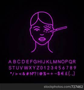 Blepharoplasty neon light icon. Eyelid plastic surgery. Eye lift surgery. Surgical facial rejuvenation. Glowing sign with alphabet, numbers and symbols. Vector isolated illustration. Blepharoplasty neon light icon