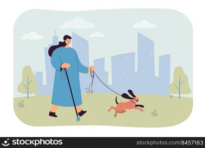 Blind cartoon woman on walk with guide dog in park. Disabled female character with walking stick flat vector illustration. Disability, assistance concept for banner, website design or landing web page