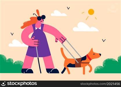 Blind girl walking with guide dog helping her. Disabled young woman hold stick going with trained pet. Visual impairment concept. Service animals give assistance to people. Flat vector illustration. . Blind woman walking with trainer guide dog