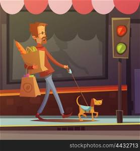 Blind Man Illustration. Color cartoon illustration depicting disabled blind man with dog on the road vector illustration