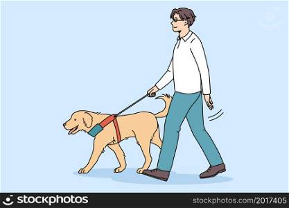 Blind man walk outdoor with guide dog assistance. Professional trained pet puppy help disabled impaired guy on streets. Visual impairment concept. Service animal and people. Vector illustration.. Trained guide dog help blind man
